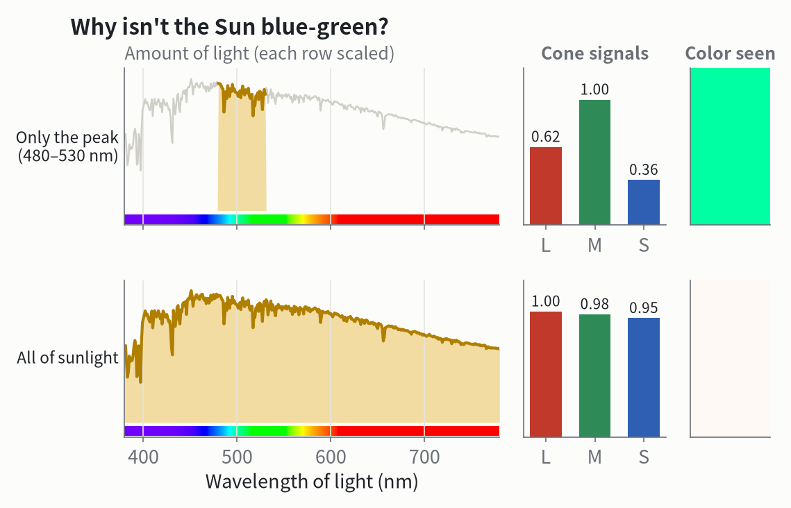 Sunlight above the atmosphere (the same data as the orange curve in the first chart, zoomed in on the visible range). Top: only a narrow band around the peak (480–530 nm). Bottom: all of the visible light. On the right: the three cone signals and the color seen.