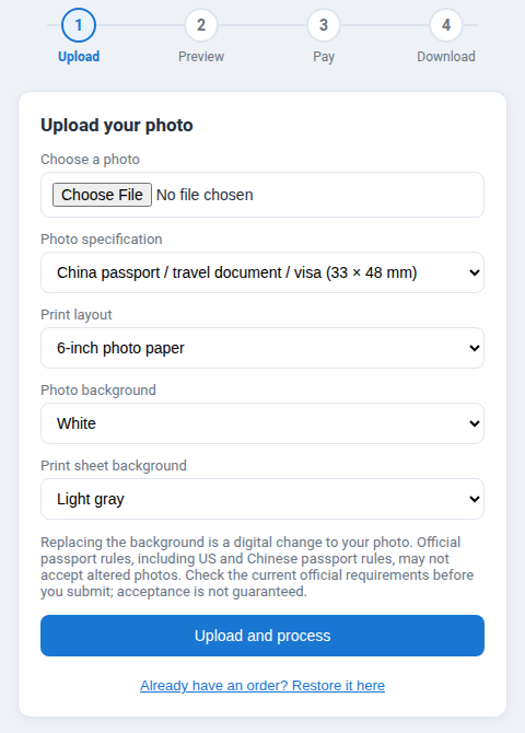 The SmartIDPhoto page: upload a photo, choose the photo specification, print layout and background, then preview, pay and download.